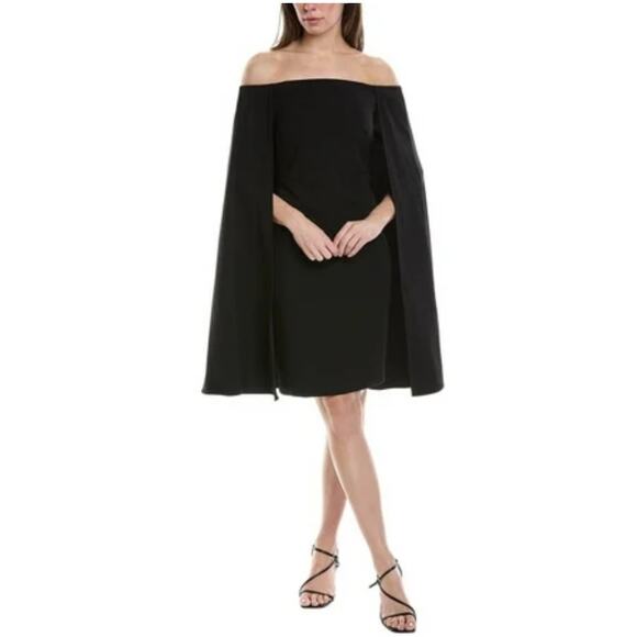 Adrianna Papell Women Cocktail Dress Size 10 Black Caped Off the Shoulder Sheath - Picture 1 of 11